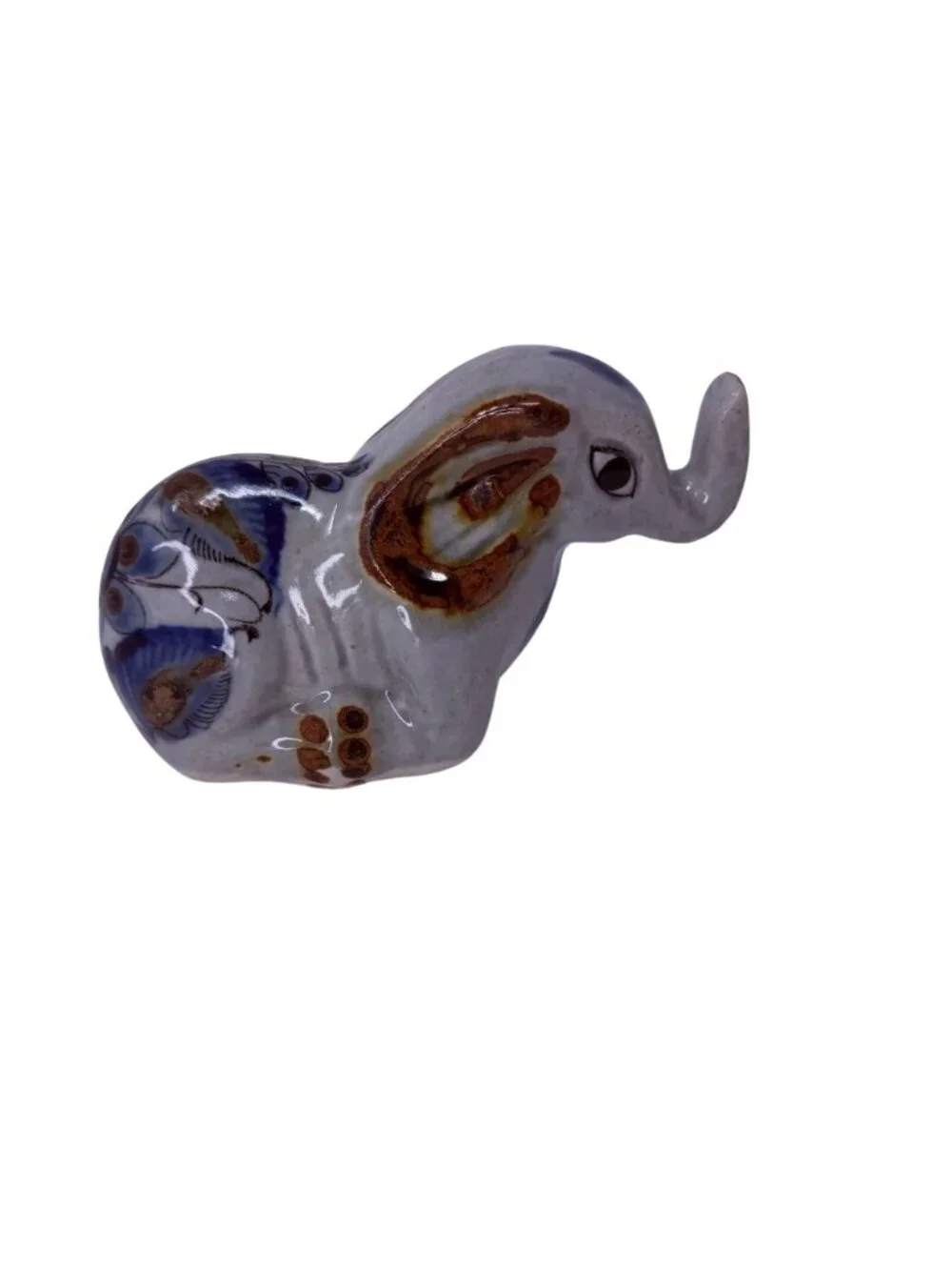 Vintage Mexican Tonala Pottery Elephant Figurine Hand Painted 1980s